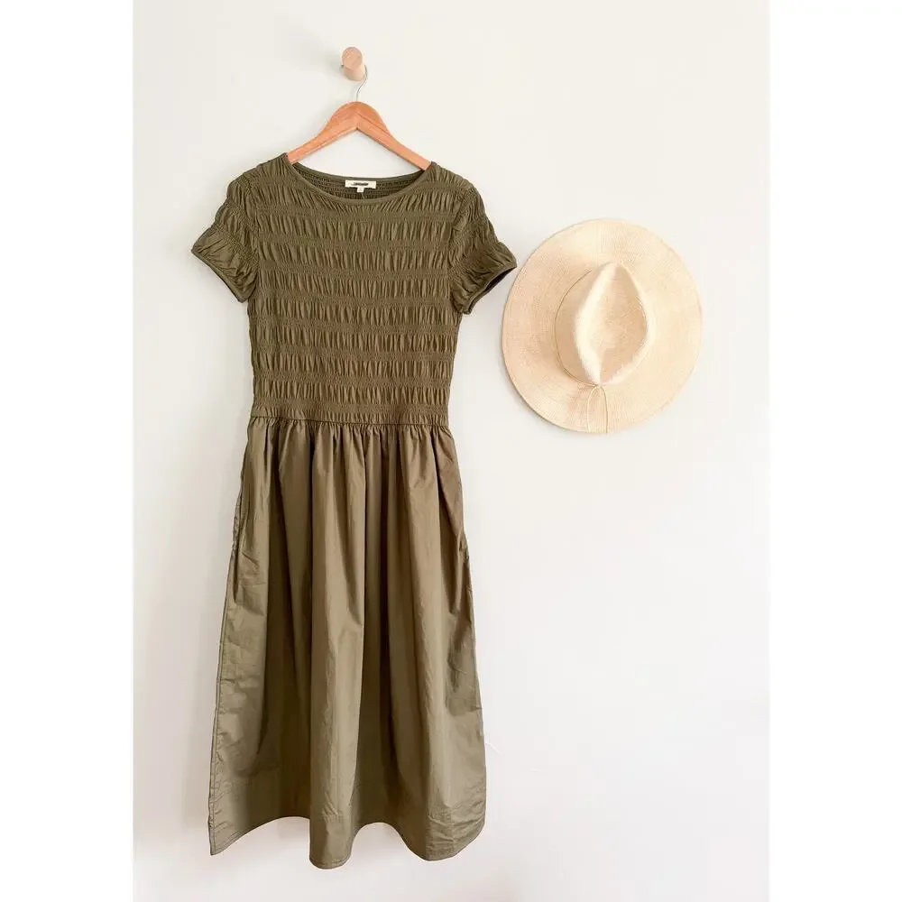 Madewell | NWT Smocked Boatneck Midi Dress in Faded Ivy | Sz M